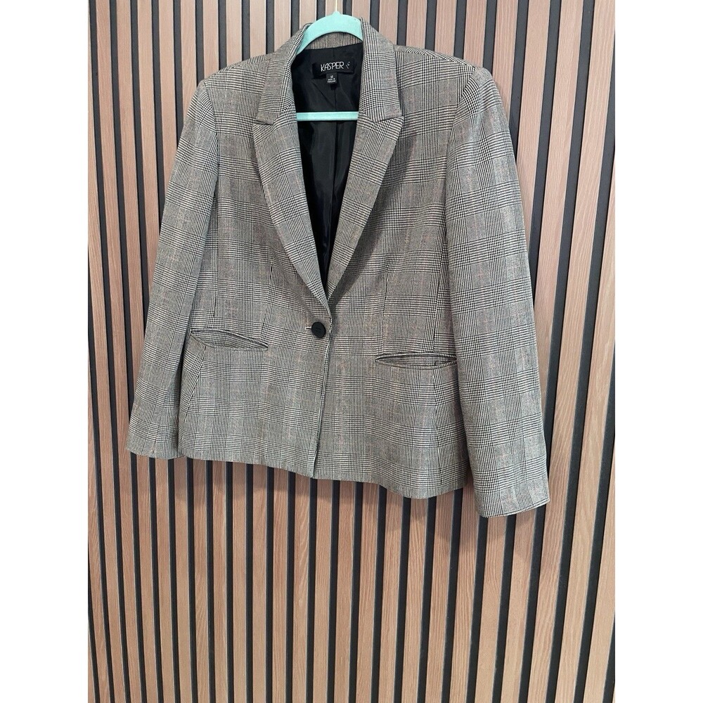 Classic Professional Gray Plaid Blazer One Button Tailored Career Jacket Size 14 - Picture 2 of 7